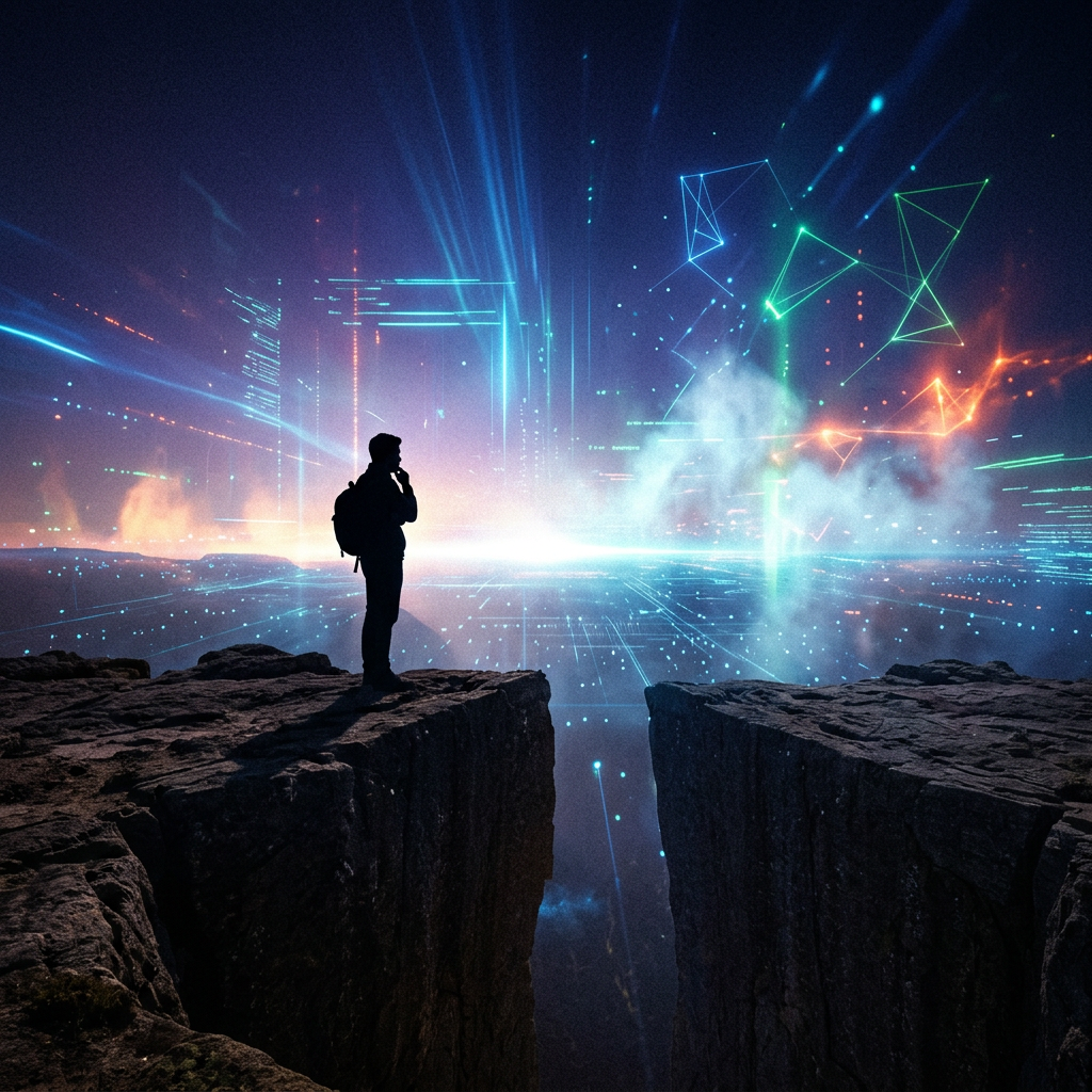Silhouette of a person standing on cliff edge looking at glowing digital data and light patterns