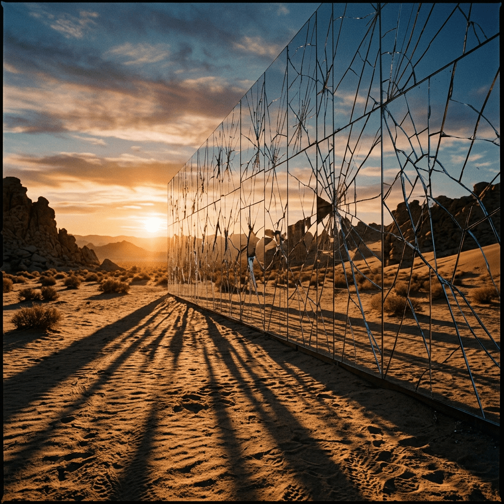 Shattered mirror panel in desert reflecting setting sun and rocky landscape